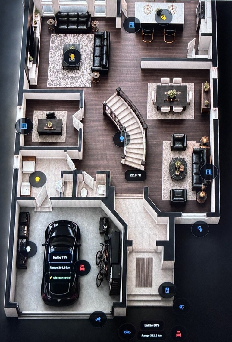 The founder’s actual Home Assistant floorplan dashboard with room controls and vehicle status